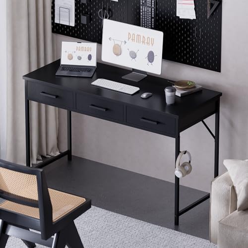 Pamray 47 Inch Small Computer Desk with 3 Drawers for Bedroom Study Writing Home Office Table for Small Spaces Black - Image 2