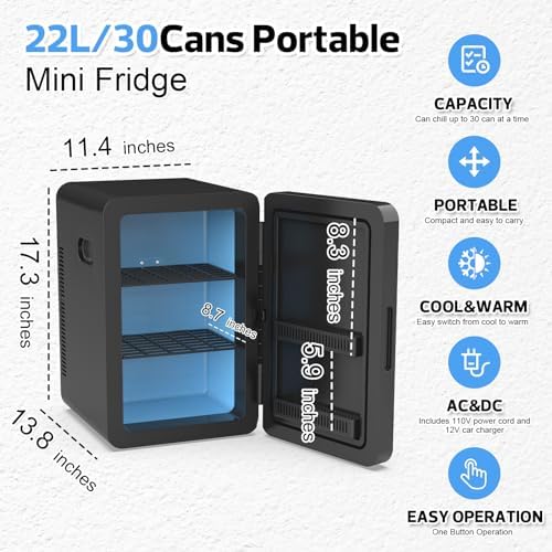 advwin 22L Mini Fridge for Bedroom, 30 Cans Portable Cooler & Warmer Compact Refrigerators with AC/DC Power for Skin Care, Beverage, Cosmetics, Food, Drinks, Office Desk Dorm Room - Image 5
