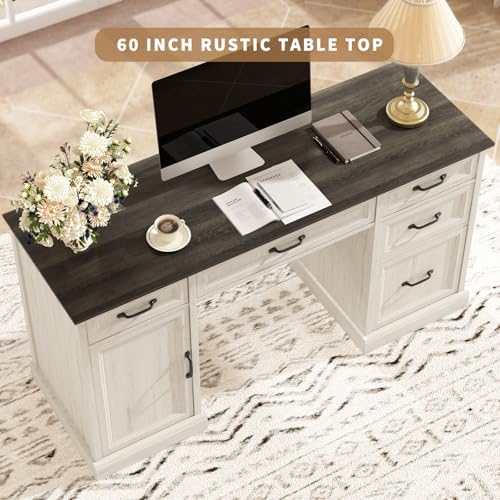 CARPETNAL 58'' Farmhouse Executive Desk with Drawers, Home Office Desk with File Drawer and Storage Cabinet, Rustic Computer Desk for Working, Studying, Writing, White - Image 5