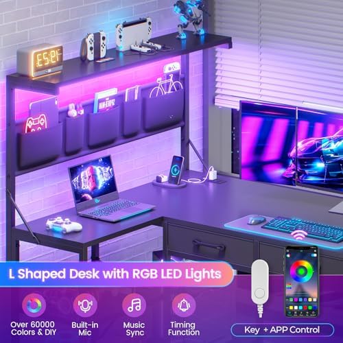 SEDETA L Shaped Gaming Desk, 47.2" Reversible Small Computer Desk with 5 Drawers and Storage Shelves, Corner Gaming Desk with LED Lights and Power Outlet, Black - Image 4