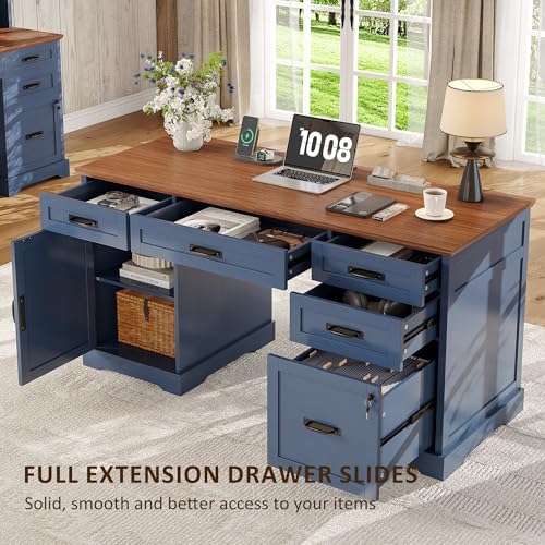 Whalefall 55'' Farmhouse Desk Home Office with Drawers, Blue - Image 7