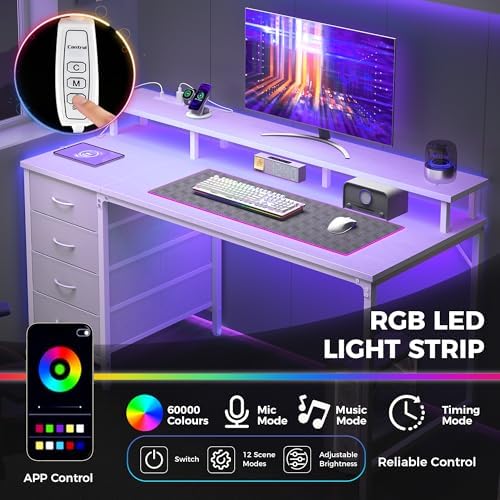 DUMOS 40-Inch Gaming Desk with Power Outlets and LED Lights, White - Image 5