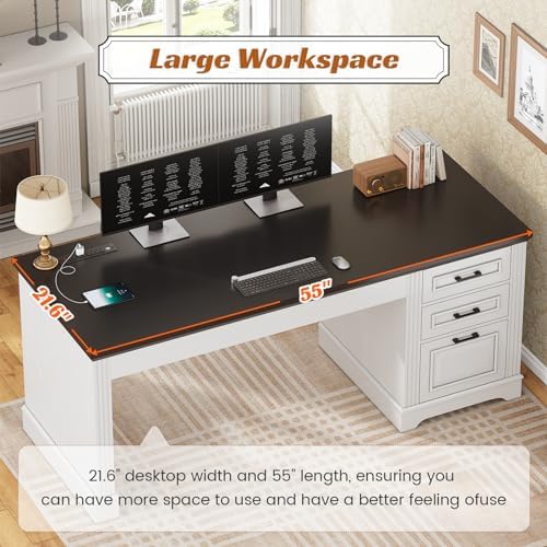 SEDETA Office Desk with 3 Drawers, 55" Executive Computer Desk with Storage Drawers, Farmhouse Desk with Power Outlet for Home Office, White - Image 6
