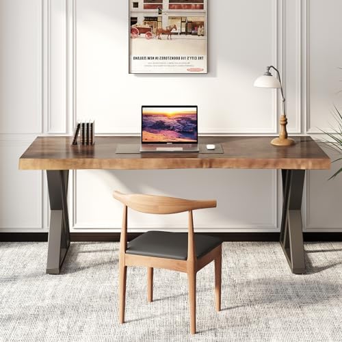 Solid Wood Desk 55 inches, Home Office Computer Desk Wooden Rustic Writing Desk Metal Modern Simple Design Executive Real Wood Desk(Rustic Brown) - Image 6