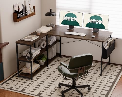 Pamray 57.5 Inch L Shaped Computer Desk with Reversible Side Storage Shelves, Small Corner Desk for Small Space Home Office,Writing Study Table PC Desk for Bedroom,Brown - Image 2