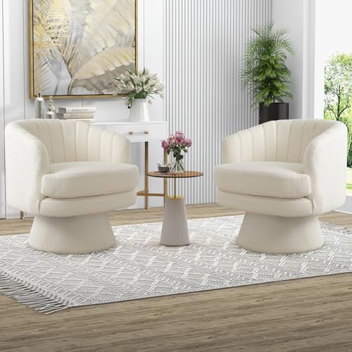 CANMOV Swivel Accent Chair with Armrest Set of 2, Modern 360 Degree Swivel Barrel Chair with Curve Back and Soft Cushion,Comfy Round Sherpa Teddy Armchair Single Sofa for Living Room,Beige by CANMOV
