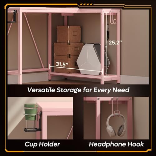 Pinmoco 42" Reversible Small L-Shaped Gaming Desk with LED Lights, Pink - Image 5