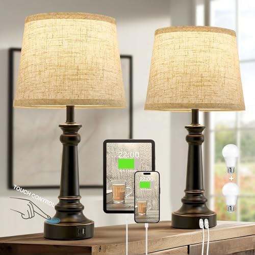 EJIAXIN Touch Lamps for Nightstand Set of 2 - Black Table Lamp for Bedroom Dimmable Bedside Lamp with USB C+A Ports - Lamps for Night Stands Living Room End Table,2 LED Bulbs Included by WelcometoEJIAXIN