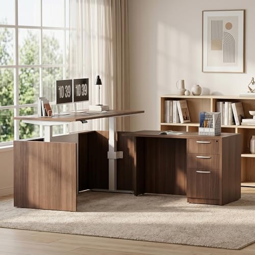 L-Shaped Executive Office Standing Desk with Pre-Assembled Frame & Lockable File Cabinet, Dual Motor Height Adjustable Electric Sit Stand Desk, Programmable Controller, Walnut/White by ALFABUSINESS