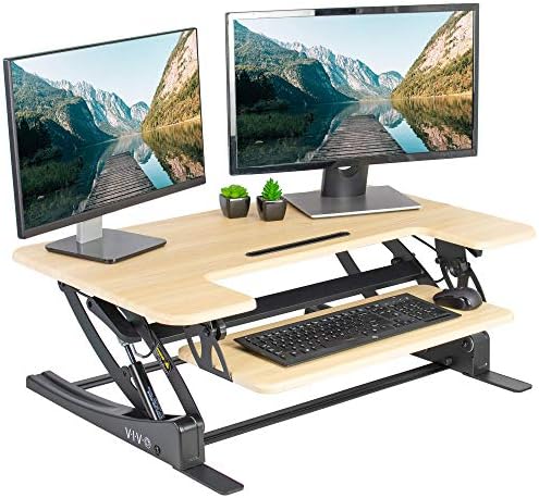 VIVO 36 inch Height Adjustable Stand Up Desk Converter, V Series, Quick Sit to Stand Tabletop Dual Monitor Riser Workstation, Light Wood Top, Black Frame, DESK-V000VO by VIVO