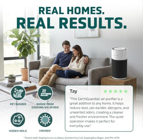 GermGuardian AirSafe+ XL Smart Air Purifier for Bedroom and Home - UV-C - WiFi and App Enabled - 360-Degree True HEPA Filter - Filters Pet Dander, Dust, Smoke - AQI Monitor - AC3250 - Black and White - Image 2