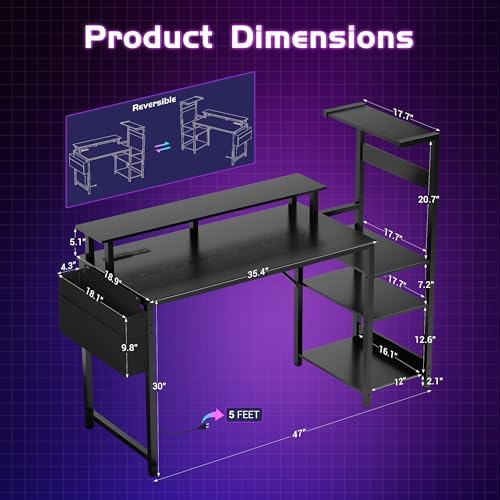Gaming Desk 47 Inch Computer Table with Storage Shelves & Monitor Stand - Image 3