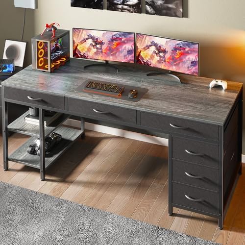 Huuger Computer Desk with 6 Drawers, Office Desk with Shelves, Reversible Gaming Desk, Corner Desk with Storage, Work for Home Office, Study, Living Room, 63inch, Grey - Image 4