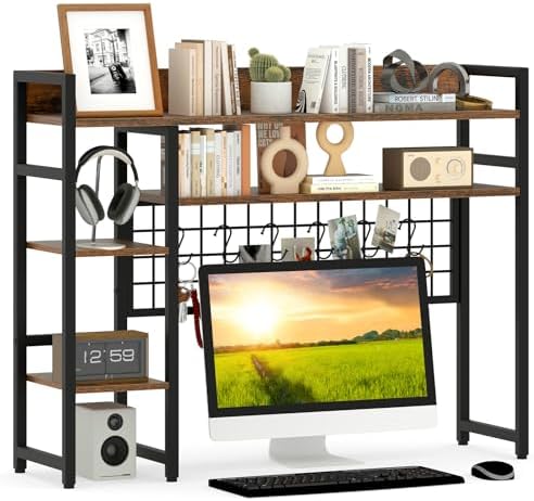 GIANTEX Desktop Bookshelf, 37" Desk Shelf for Up to 32" Computer Monitor, 4 Tier Desktop Display Shelves w/Grid Panel, 6 Movable Hooks, Anti-tip Device, Desk Hutch for Home Office Dorm (Rustic Brown) by Giantex