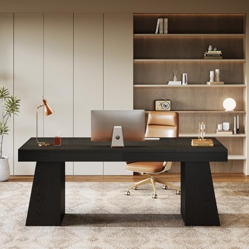 Tribesigns 55-Inch Executive Desk, Thick Wood Office Computer Desk with Double Pedestal, Modern Minimalist Workstations Writing Table Conference Table Furniture for Home Office, Black - Image 3