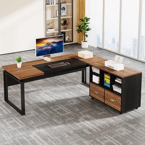 Tribesigns L-Shaped Executive Desk with Reversible File Cabinet, 63" Office Desk with Storage Drawers, L-Shaped Computer Desk with Drawer Cabinet for Hanging Letter Size Files (Walnut & Black) by Tribesigns