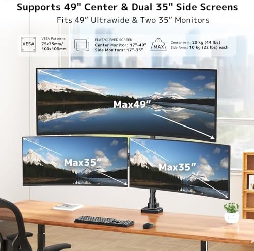Triple Monitor Mount up to 49 inches, Fully Adjustable Heavy Duty 3 Monitor Arm with Gas Spring, Desk Mount for 3 Screens, C-Clamp & Grommet Base, Holds 44 lbs, Black - Image 2