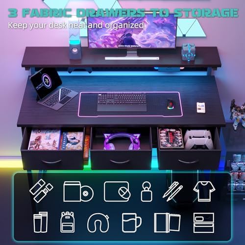 MUTUN Computer Desk with Drawers, 40 Inch Computer Desk with Power Outlet & LED Light, Gaming Desk with Adjustable Monitor Stand & Pegboard, Modern PC Study Writing Table for Bedroom, Black - Image 5