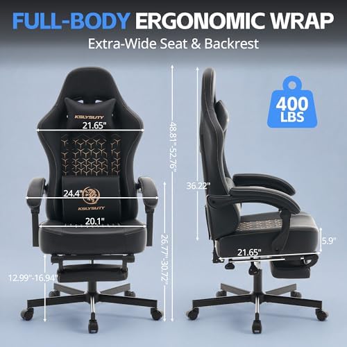 Desk Computer Gaming Chair - Ergonomic Game Office Chair with Extended Footrest and Massage Lumbar Support, Home Gamer Video Game Chairs with Spring Cushion for Adults (Pro Black Leather) - Image 2