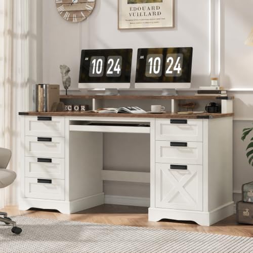 Vabches 60" Farmhouse Executive Desk with 8 Drawers, White and Brown - Image 7