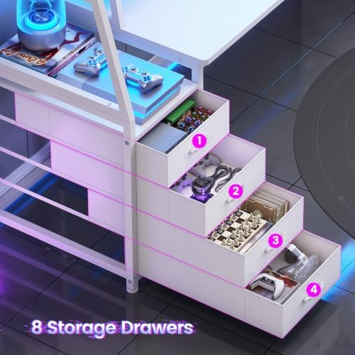 SEDETA Gaming Desk with LED Lights, 8 Drawers and Storage Shelves, White - Image 4