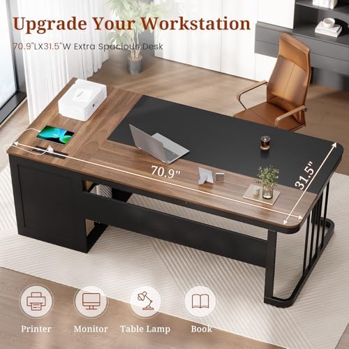 70.9" Executive Desk with Power Outlet, Large Office Desk with Drawers & Lateral File Cabinet, Long Computer Desk with Adjustable Storage Shelves, Modern Workstation Business Furniture (Walnut) - Image 5