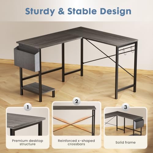 DUMOS L Shaped Computer Corner Desk with PC Stand, Grey - Image 6