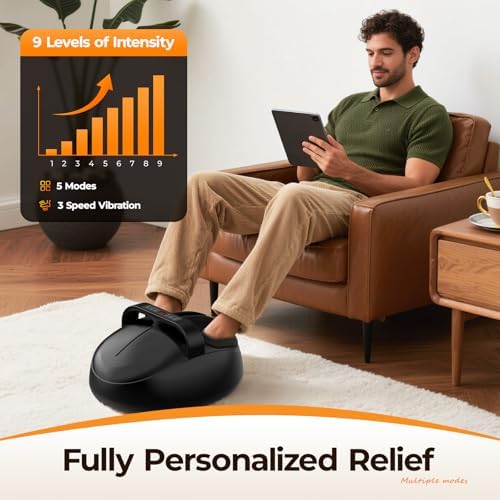 HTM Foot Massager with Heat, 5 Modes & 9-Level Intensity & 3-Speed Vibration, Shiatsu Kneading & Rolling Compression, with Remote & Portable Handle, Fits Up to Men's Size 13, Gift for Women Men - Image 3