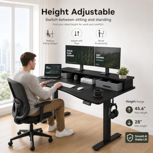 Grandder Electric Standing Desk with Two Drawers, Curved Sit to Stand Up Height Adjustable Desk with Storage Shelf for Home Office, 47 * 26 Inch, Study, Ergonomic Adjustable Computer Desk, Black - Image 3