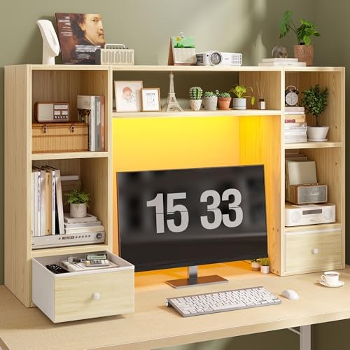 REIBII 47.2" Desktop Bookshelf, 6 Shelves & 2 Drawers, LED Lights, Natural by REIBII
