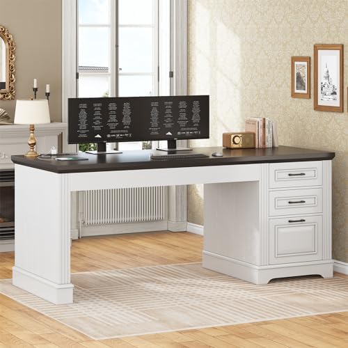 SEDETA Office Desk with 3 Drawers, 55" Executive Computer Desk with Storage Drawers, Farmhouse Desk with Power Outlet for Home Office, White by SEDETA