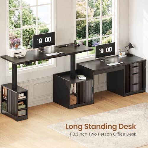 SEDETA Fluted L Shaped Electric Standing Desk, 63" x 67" Height Adjustable Home Office Executive Desk with Drawers and Shelves, Two Person Desk with Power Outlet for Home Office, Black - Image 4
