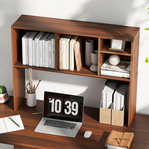 Goplus ReunionG Desk Hutch 2-Tier, Wood Hutch Top Only w/4 Shelves for Computer Monitor, Laptop, Dressing Table, Desk Organizer Display Rack Desktop Bookshelf for Home, Office, Dorm (Walnut) - Image 7
