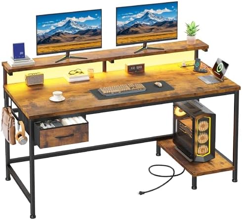 DurayLoly 39.3" Office Desk with Power Outlet & Fabric Drawer,Rustic Brown by Durayloly