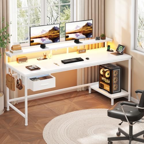 DurayLoly 55" Computer Desk with Power Outlet & Fabric Drawer,White - Image 2