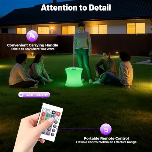 Rechargeable LED Cube Chair Light with Remote, Outdoor Waterproof 16 Colors Changing LED Cube Stool Seat Side Table, Floor Lamp Night Light Glow Furniture for Home Bedroom Patio Garden (Drum, 16") - Image 6