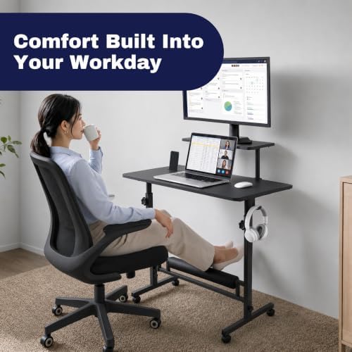 Small Rolling Desk with Wheels, Adjustable Height 27"-43.3" Portable Standing Desk, 31.5"x15.7" Tabletop, Mobile Laptop Computer Table for Home Office Workstation, Black - Image 2