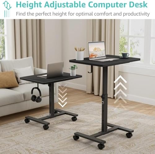 WINAZ Small Portable Laptop Rolling Desk - 24 Inch Mobile Computer Desk Adjustable Height with Wheels for Small Spaces Home Office, Kids Couch Desks Side End Table, Black - Image 5