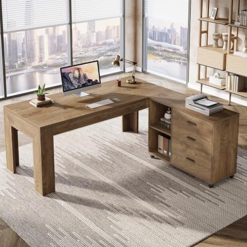 Tribesigns 63" L Shaped Desk with File Cabinet, Large Executive Office Desk with Rolling Filing Cabinet, Long Computer Table with Drawers and Shelves, Business Furniture Set for Home Office, Brown - Image 5