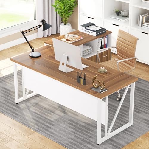 Tribesigns 63-Inch Executive Computer Desk with 47-Inch Lateral File Cabinet, Large Workstation Business Furniture, L Shaped Desk with Drawers and Storage Shelves for Home Office, Walnut & White - Image 4