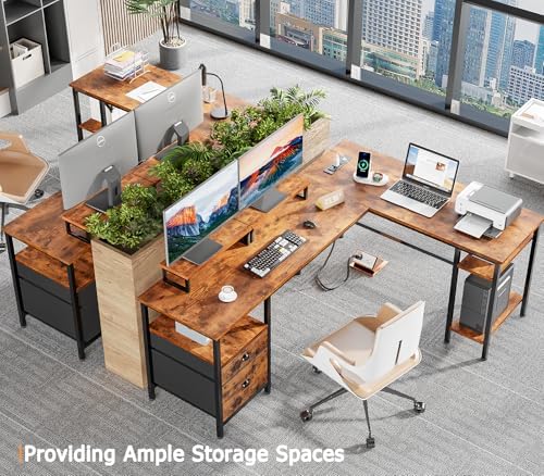 Furologee 66” L Shaped Desk with Power Outlet, Reversible Home Office Desk with File Drawer, 2 Monitor Stands, Storage Shelves, Corner Computer Table for Gaming, Writing, Rustic Brown - Image 7