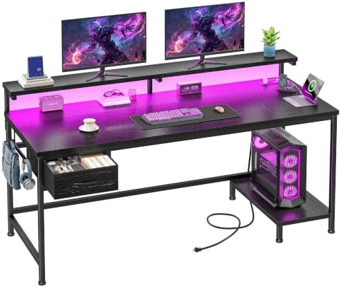 DurayLoly 47.2" Gaming Desk with Power Outlet and LED Lights,Bedroom,Black by Durayloly