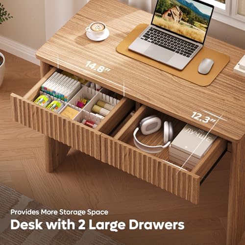 Bestier 40-Inch Fluted Wood Computer Desk with 2 Silent Drawers, Light Wood - Image 5
