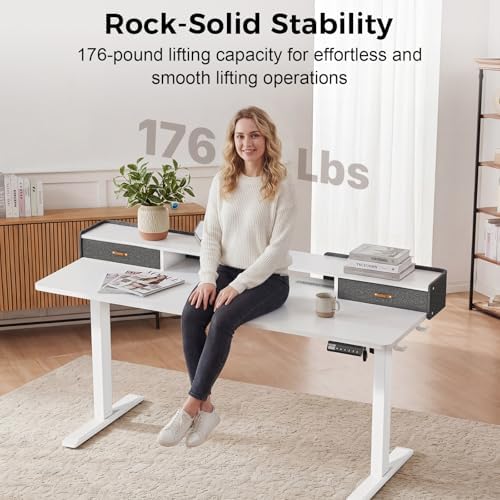 Electric Standing Desk with Drawers, 63 Inch Height Adjustable Desk with Power Outlets & LED Lights, Sit Stand Table with Monitor Stand for Home, Office, White - Image 7
