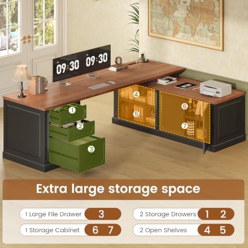 SEDETA Farmhouse L Shaped Desk with Drawers, 70.9" Home Office Desk with Storage Cabinet and Storage Shelves, L Shaped Computer Desk with Power Outlet，Black+Brown - Image 5