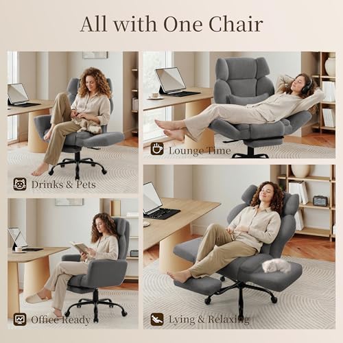 Office Chair with Flip Armrests,Comfy Criss Cross Chair for Pets Sitting,Big and Tall Office Chair with Foot Rest,Extra Wide Seat & Lumbar Pillow,Ergonomic Computer Gaming Chair,Teddy Fleece,Grey - Image 3
