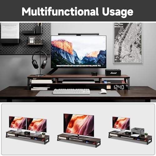 Dual Monitor Stand Riser for Desk, 41.7 Inch Large 2 Tier Computer Monitor Stand for 2 Monitors, Desktop Storage Organizer Shelf with Keyboard Space for Laptop PC Printer Brown - Image 5