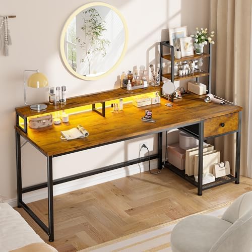 EnHomee 55" Reversible Computer Desk, Hutch, USB & LED, Rustic Brown - Image 2