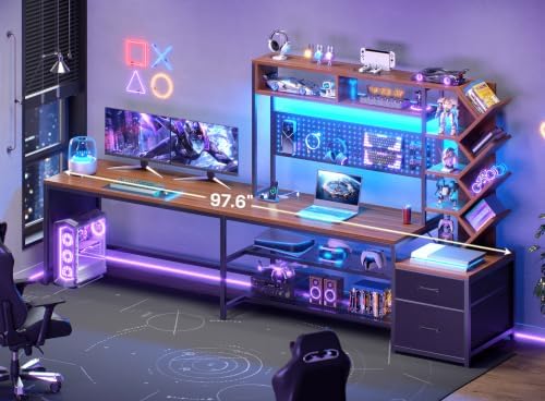 SEDETA L Shaped Office Desk with Drawers and Hutch, Convertible 97.6" Double Computer Desk, Corner Gaming Desk with Storage Shelves, LED Light and Power Outlet, Black and Brown - Image 3
