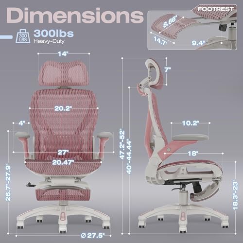 ELABEST X100 Ergonomic Mesh Office Chair with Footrest, Big and Tall Home Desk Chair with 5D Flip-Up Arms, Adjustable 3D Lumbar Support, Gaming & Executive Computer Chair (Peach Blossom) - Image 2